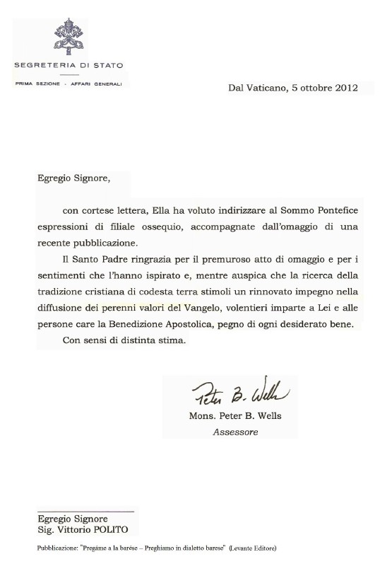 lettera dal vaticano
